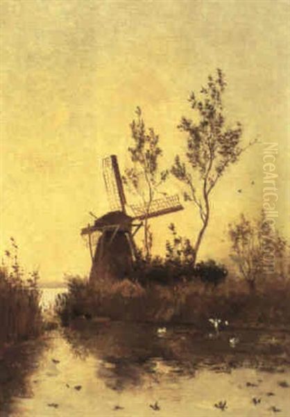 Windmill In A Polder Landscape Oil Painting by Paul Joseph Constantin Gabriel