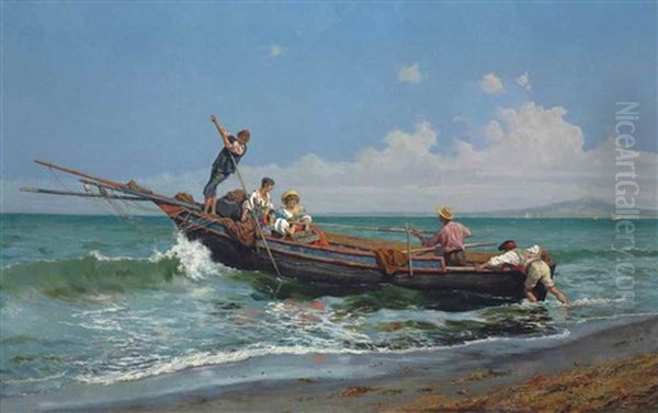 A Fishing Boat In The Bay Of Naples, Vesuvius Beyond Oil Painting by Pietro Gabrini