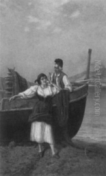 Fisherman With Young Woman On Shore Oil Painting by Pietro Gabrini