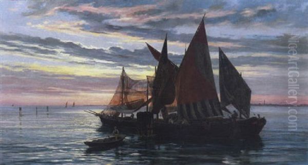 Venezia, Pescatori E Barche In Laguna Oil Painting by Pietro Gabrini