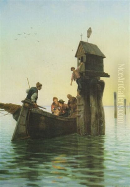 Barca Con Figure Ormeggiata In Laguna As Una Bricola Con Capitello Oil Painting by Pietro Gabrini