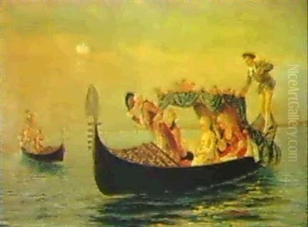 Courtiers In Gondolas, Venice Oil Painting by Pietro Gabrini