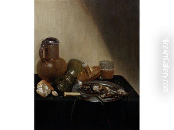 A Still Life Of A Pewter-mounted Stoneware Jug, An Overturned Roemer, A Broken Roll Of Bread, A Candle In A Brass Stand, A Glass Beaker Of Beer, A Pewter Dish With Fish And A Knife With Ivory Handle On A Draped Table-top Oil Painting by Guilliam Gabron