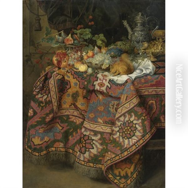 Still Life With Fruit, Gold And Silver Vessels And A Squirrel, All On A Table Covered By A Persian Rug Oil Painting by Guilliam Gabron