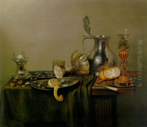 A Silver Salt-cellar And Uptruned Tazza, A Pewter Flagon, A Roemer On A Silver-gilt Stand, A Peeled Lemon On A Pewter Plate Oil Painting by Guilliam Gabron