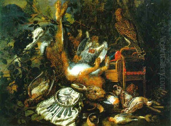 Dead Game At The Base Of A Tree, With A Falcon, A Hound And Hunting Equipment Nearby Oil Painting by Guilliam Gabron