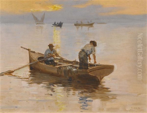 Abendliche Stimmung Auf Dem Genfersee Mit Fischern Oil Painting by Jules Gachet