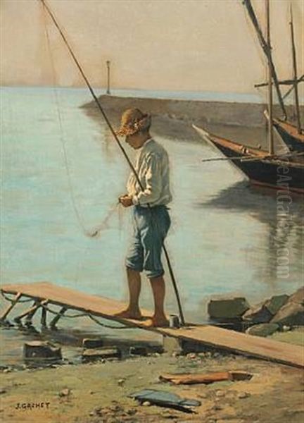 Coastal Scenery With A Boy And His Fishing Pole Oil Painting by Jules Gachet