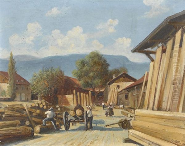 Holzarbeiter Vor Einer Sagerei (+ Studie Zu Segelbooten Und Dampfschiff, Pencil, Verso) Oil Painting by Jules Gachet