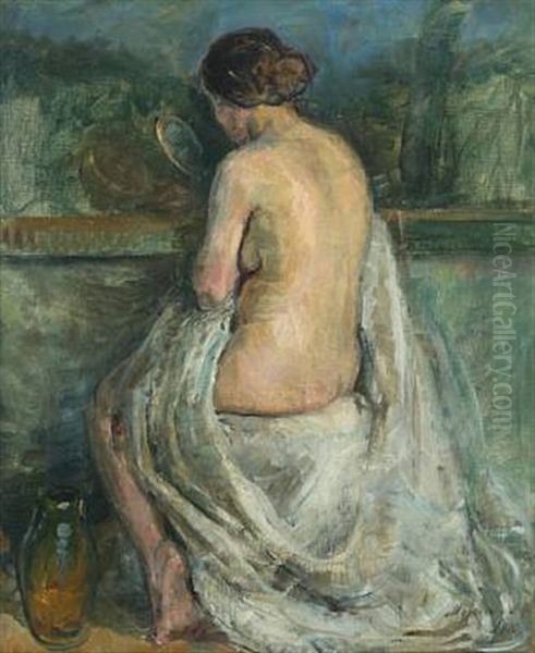 Female Nude Holding A Mirror Oil Painting by Mogens Gad