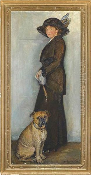 Portrait Of An Elegant Lady With Her Dog Oil Painting by Mogens Gad