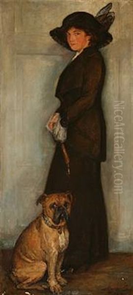 Portrait Of Maud Gudme, Nee Ree, With Her Dog Oil Painting by Mogens Gad