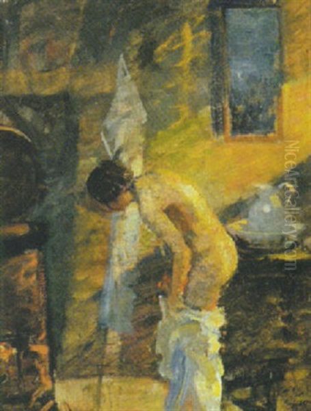 Kvinde Ved Morgentoilette Oil Painting by Mogens Gad