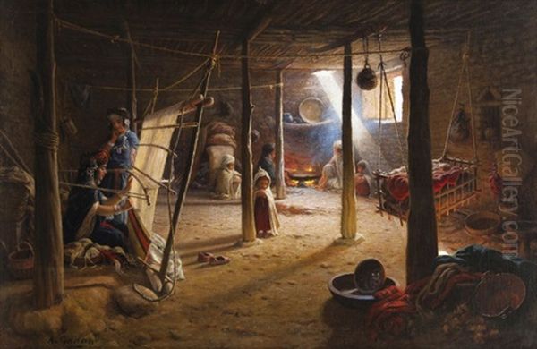 Les Fileuses Et La Preparation Du Repas Oil Painting by Antoine Gadan