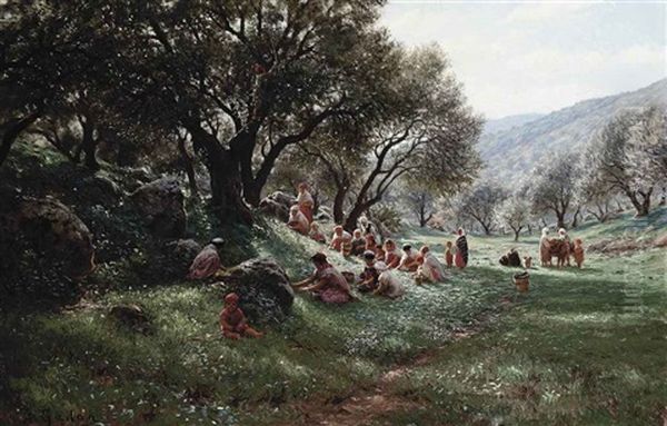 Fruit Gathering In The Mountains Oil Painting by Antoine Gadan