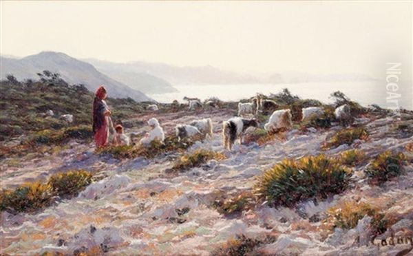 Les Chevriers Sur La Falaise Du Cap De Garde A Bone (annaba) Oil Painting by Antoine Gadan