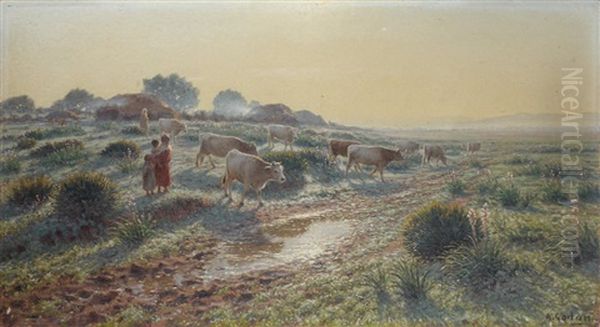 Troupeau Au Crepuscule Oil Painting by Antoine Gadan