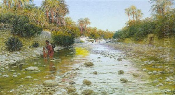 Le Passage De L'oued A El Kantara Oil Painting by Antoine Gadan