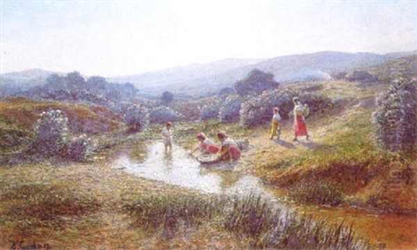 Washerwomen In A Landscape Oil Painting by Antoine Gadan