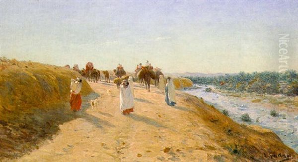 Caravane Au Bord De L'oued Oil Painting by Antoine Gadan