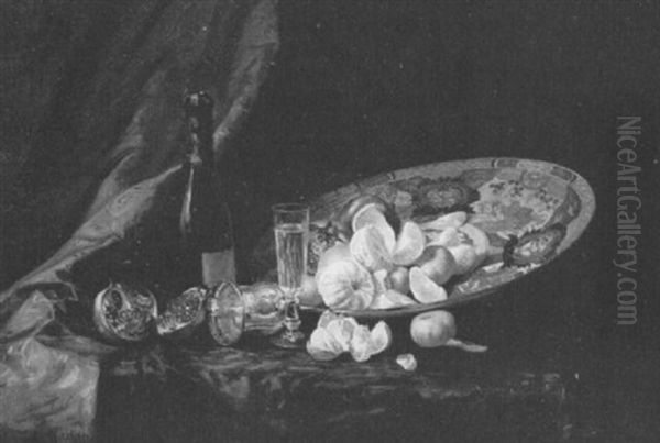 Nature Morte A La Bouteille De Champagne, A La Grenade Et Aux Quartiers D'orange Oil Painting by Antoine Gadan