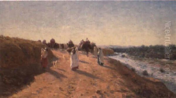 Caravane Au Bord De L'oued Oil Painting by Antoine Gadan