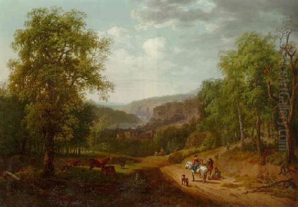 Wooded Landscape With Travellers On A Path, A Herdsman And Cattle In The Foreground, Waterfall Beyond Oil Painting by Louis Gadbois