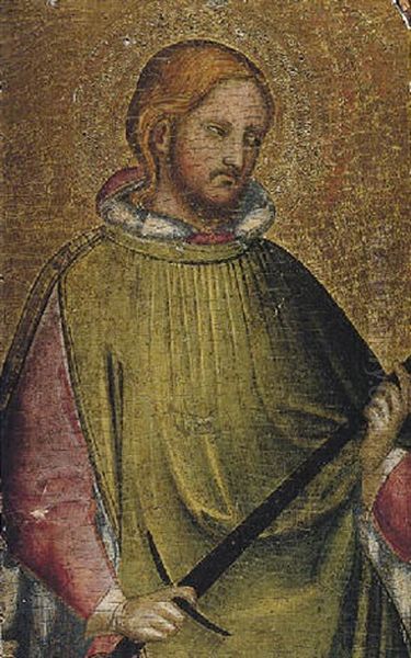 A Young Male Saint, Holding A Sword, (saint Julian The Hospitator?) Oil Painting by Agnolo di Taddeo Gaddi