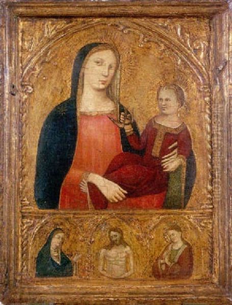 La Vierge A L'enfant Tenant Un Oiseau Et Le Christ Entre La Vierge Et Saint Jean Oil Painting by Agnolo di Taddeo Gaddi