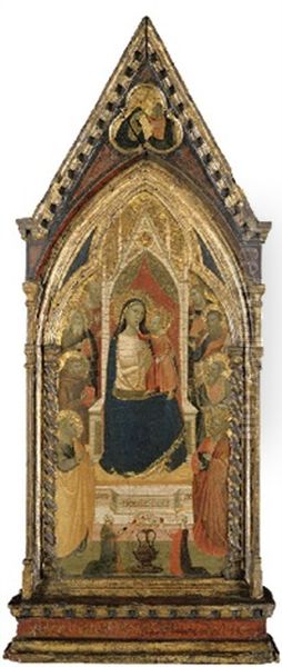 The Gould Madonna, Madonna And Child With Saint Peter, Saint Francis And Six Saints Adorned By Two Patrons; Christ Blessing The Virgin In The Pinnacle Oil Painting by Taddeo Gaddi