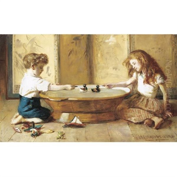 Children At Play With Toy Ducks Oil Painting by William Hippon Gadsby