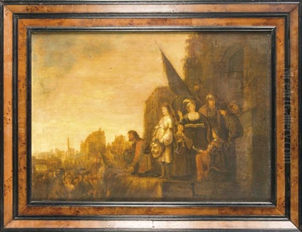 Der Triumph Des David, Auf Einem Mauervorsprung Prasentiert David Der Menge Das Haupt Des Goliath Oil Painting by Adriaen Gael the Younger