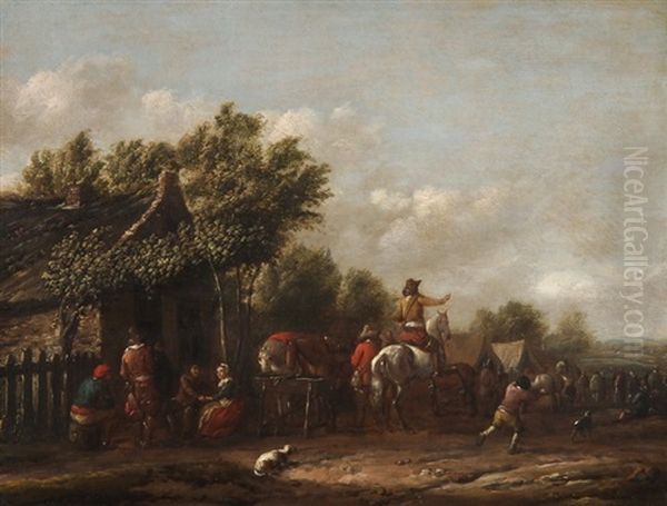 Gegenstucke: Dorf Mit Reiter Und Figurenstaffage Und Reisende Vor Der Schenke Oil Painting by Barend Gael