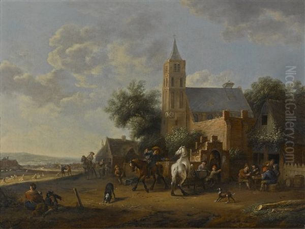 A Village Church And Tavern With Figures Oil Painting by Barend Gael