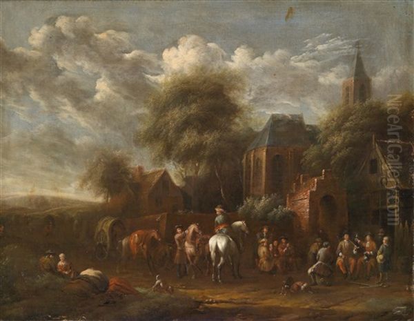 Dorfstrase Mit Reitern Und Rastenden Personen Oil Painting by Barend Gael