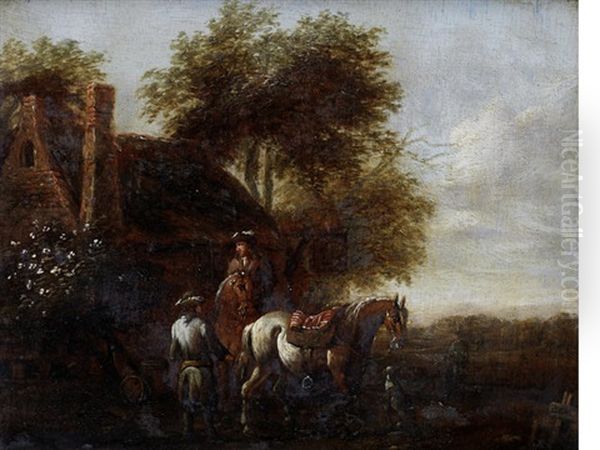 Figures On Horseback Before A Country Inn Oil Painting by Barend Gael