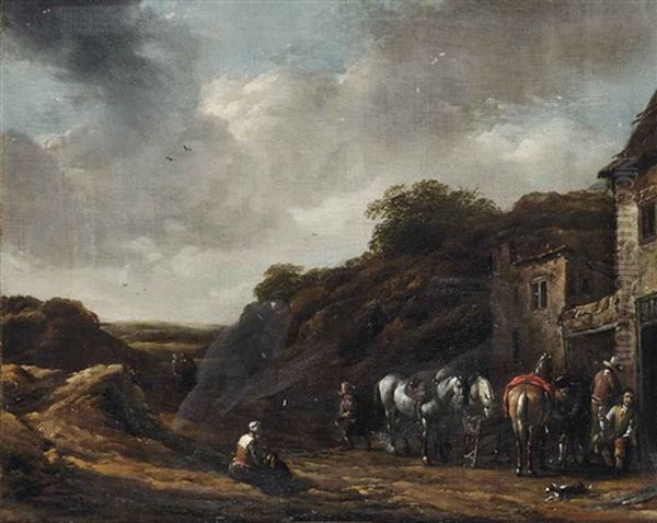 Travellers Outside A Tavern Oil Painting by Barend Gael