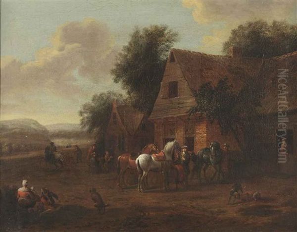 A Mountainous Landscape With Figures Near An Inn Oil Painting by Barend Gael