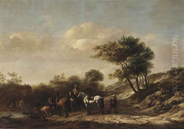 A Landscape With Riders And Travellers By A River Oil Painting by Barend Gael