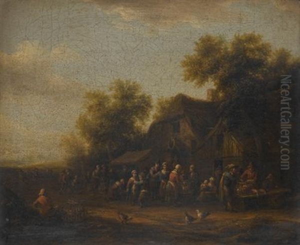 A Fish Market In A Village Square; A Poultry Market Before A Village Inn (pair) Oil Painting by Barend Gael