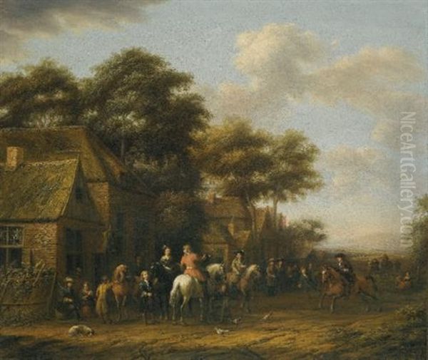 Village Scenes With Numerous Figures, Horses And Chickens (+ Another; Pair) Oil Painting by Barend Gael