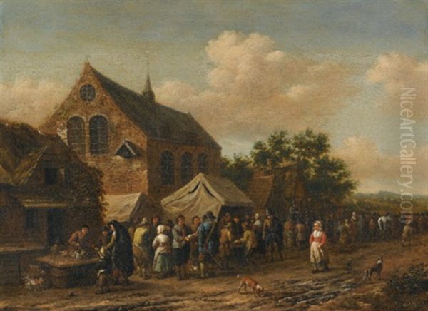 A Village Market Beside A Church Oil Painting by Barend Gael