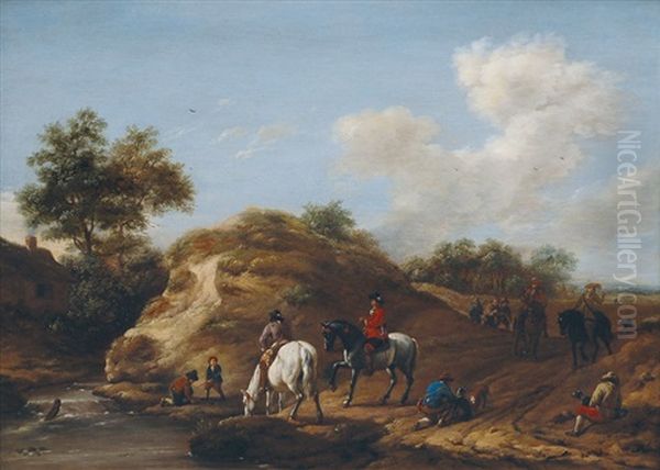 Landscape With Equestrians And Falconers By A River Oil Painting by Barend Gael