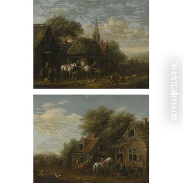 Riders In A Village (+ Another; Pair) Oil Painting by Barend Gael