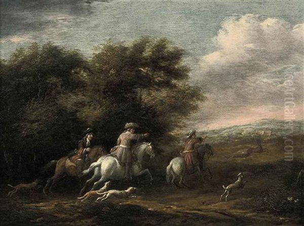 A Wooded Landscape With A Hunting Party Oil Painting by Barend Gael