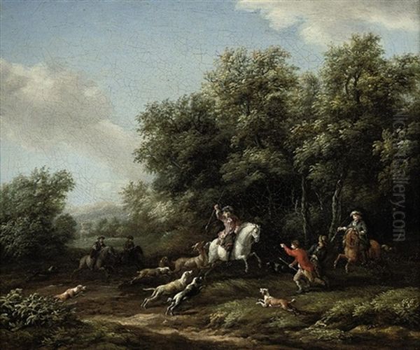 A Wooded Landscape With A Stag Hunt Oil Painting by Barend Gael