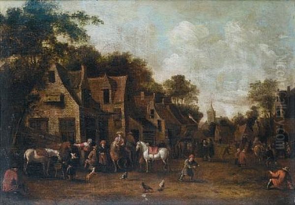 A Village Street With Horsemen Before An Inn Oil Painting by Barend Gael