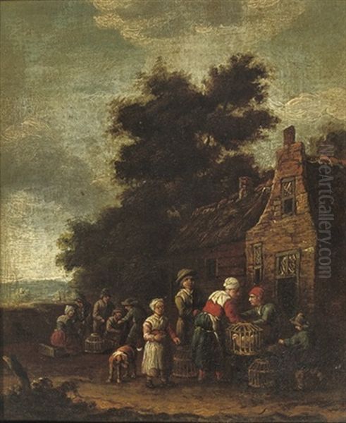 A Small Poultry Market Near A Farm Stead In A Wooded Landscape by Barend Gael