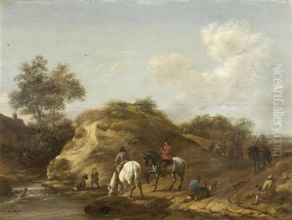 Landschaft Mit Jagern Und Ihren Pferden Auf Der Falkenjagd Oil Painting by Barend Gael