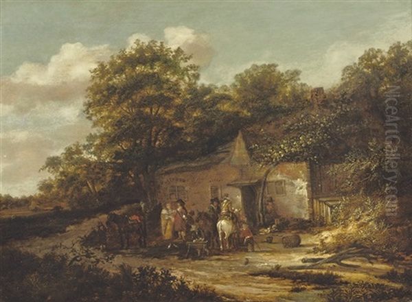 A Wooded Landscape With Travellers Resting By An Inn Oil Painting by Barend Gael